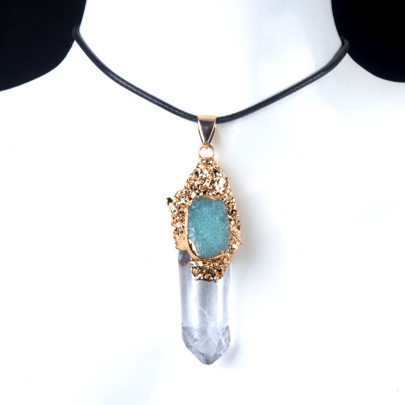1757-Cristal branco natural pilar de pedra áspera pingente dourado pilar de cristal irregular incrustado acessórios de colar multicolorido