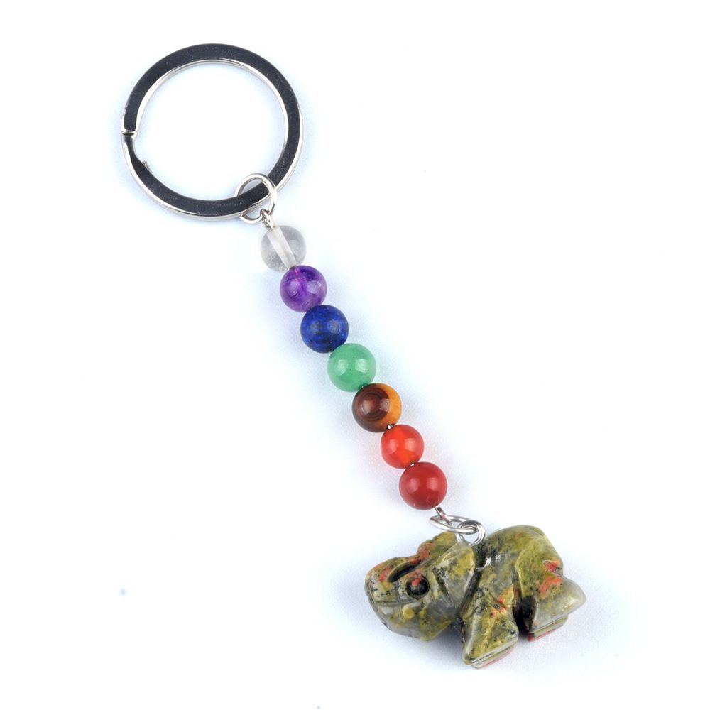 Chaveiro de elefante de pedra de cristal colorido, pingente de jóias de chakra, pingente de chaveiro de animal pequeno.