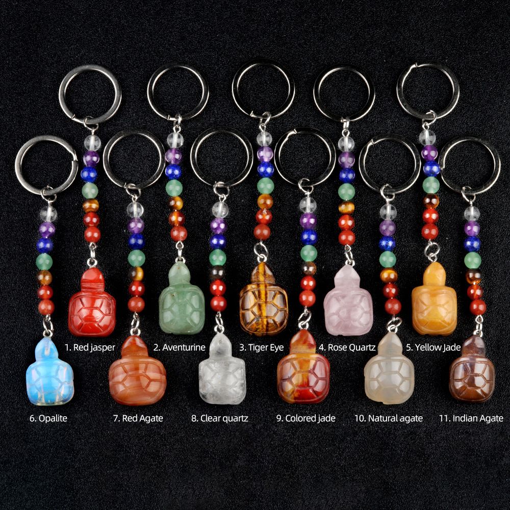 1955-Chaveiro de tartaruga de pedra de cristal colorido, pingente de jóias de chakra, pingente de chaveiro de animal pequeno