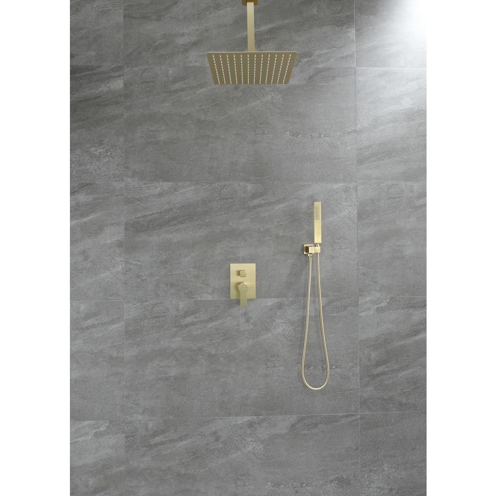 1-Spray Patterns with 2.38 GPM 12 in. Ceiling Mount Dual Shower Heads with Rough-In Valve Body and Trim in Brushed Gold
