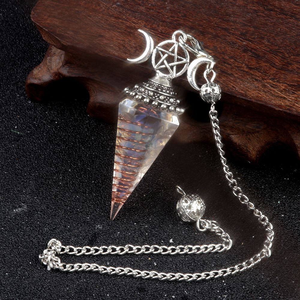 1690-Lua trifásica colorido cascalho resina cristal pedra preciosa hexagonal cone pêndulo, pingente de chakra