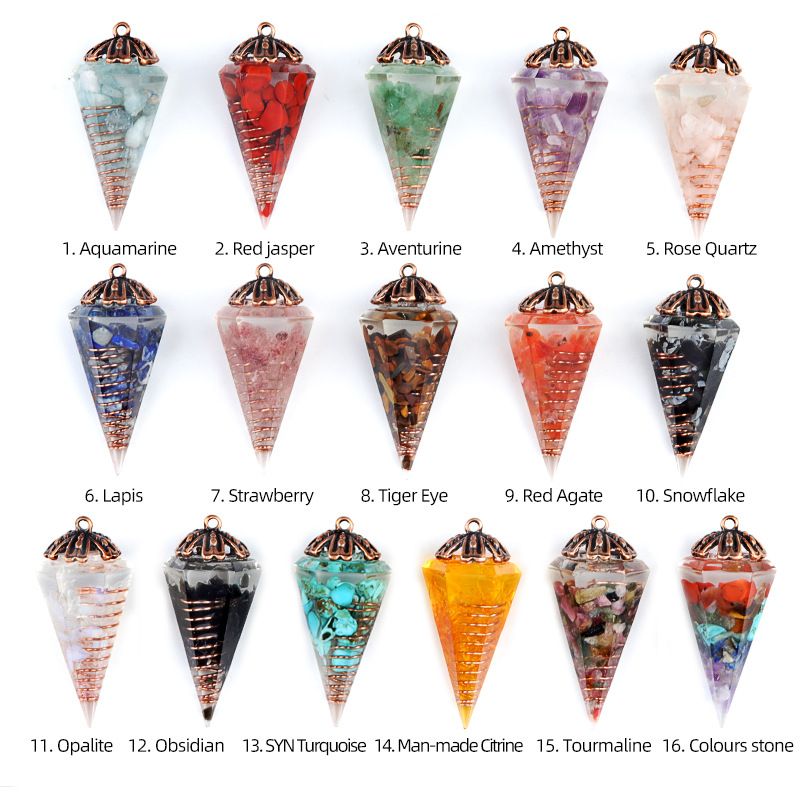 1972-Resina de cascalho de cristal natural pingente de pingente de bandeja de flor de cone hexagonal, chakra colorido pérola yoga jóias