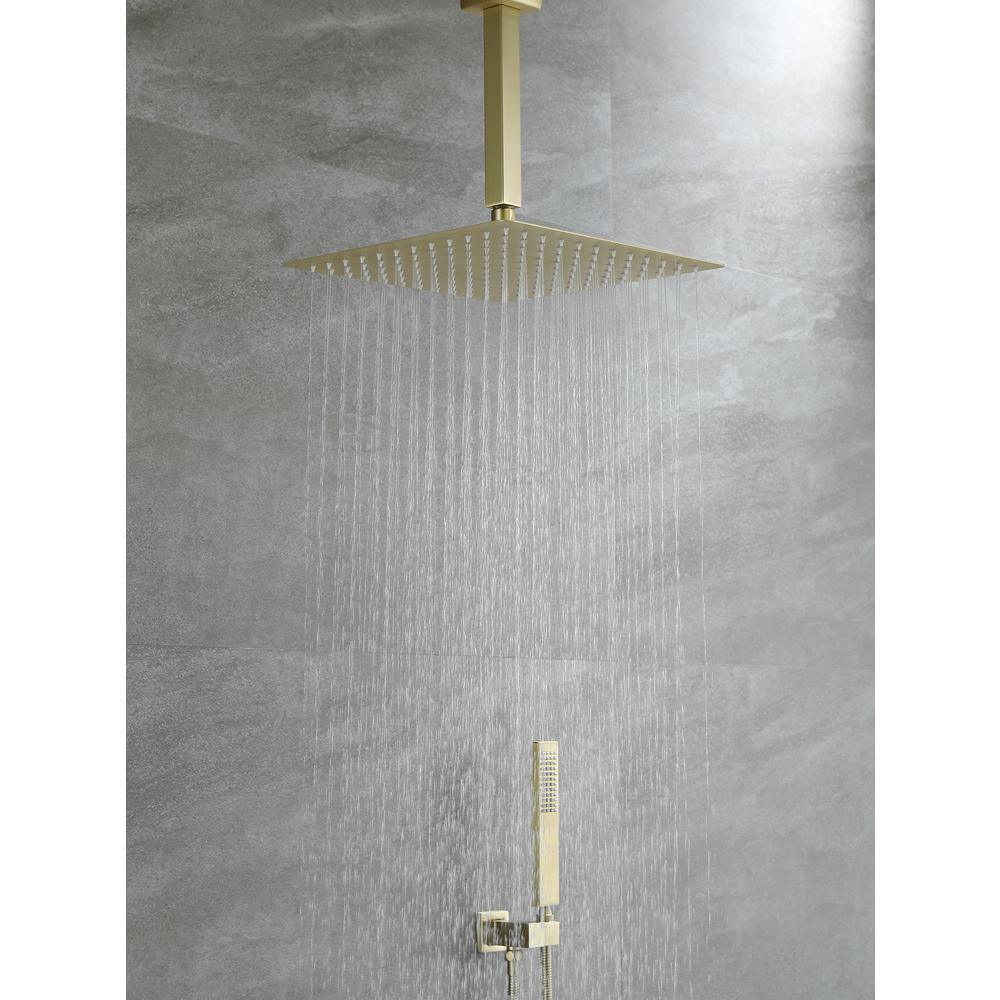 1-Spray Patterns with 2.38 GPM 12 in. Ceiling Mount Dual Shower Heads with Rough-In Valve Body and Trim in Brushed Gold
