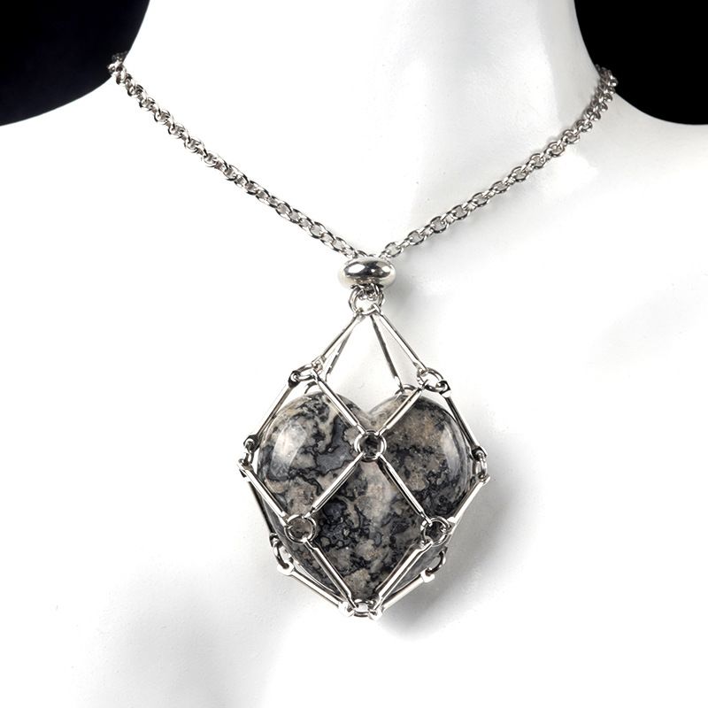 1737-Corrente de aço inoxidável de pedra de amor de ágata de cristal natural, pingente de bolso de malha de coração de bambu de metal