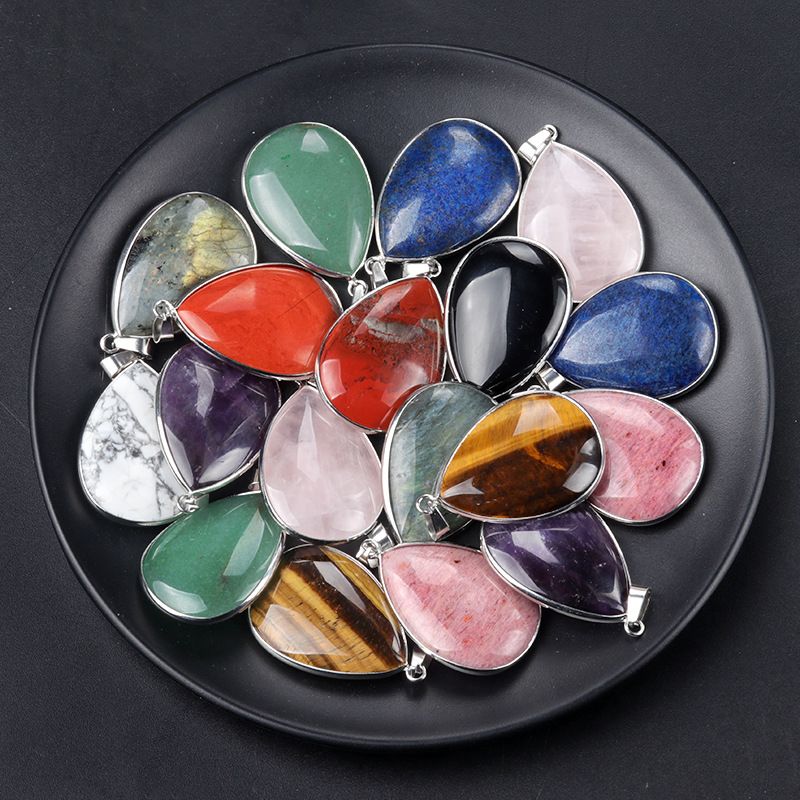 1741-Pingente grande de bainha de gota de água com borda K branca 25x35, colar de gota de água de cobre de pedra semipreciosa de cristal galvanizado em prata.