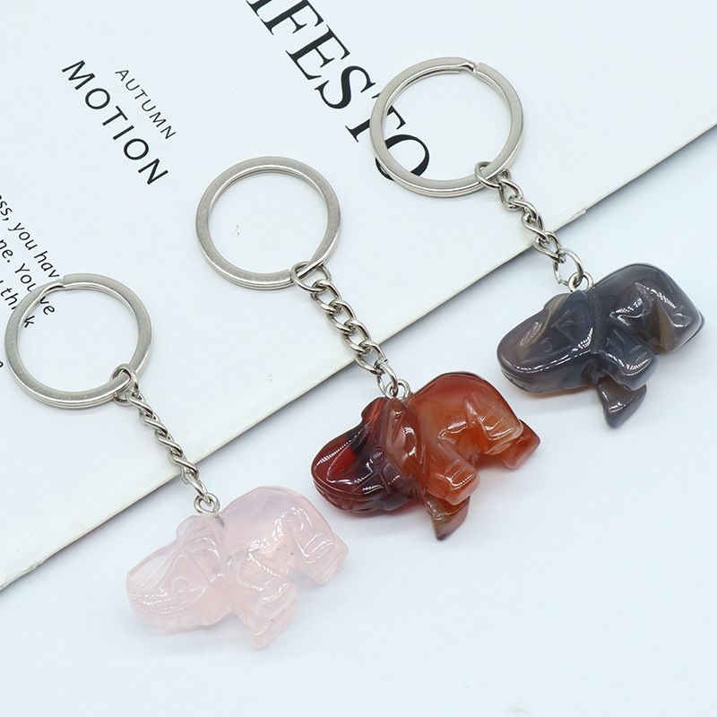 Pingente de chaveiro de elefante com cabeça de ágata de cristal natural, pingente de bolsa de elefante gravada tridimensional.