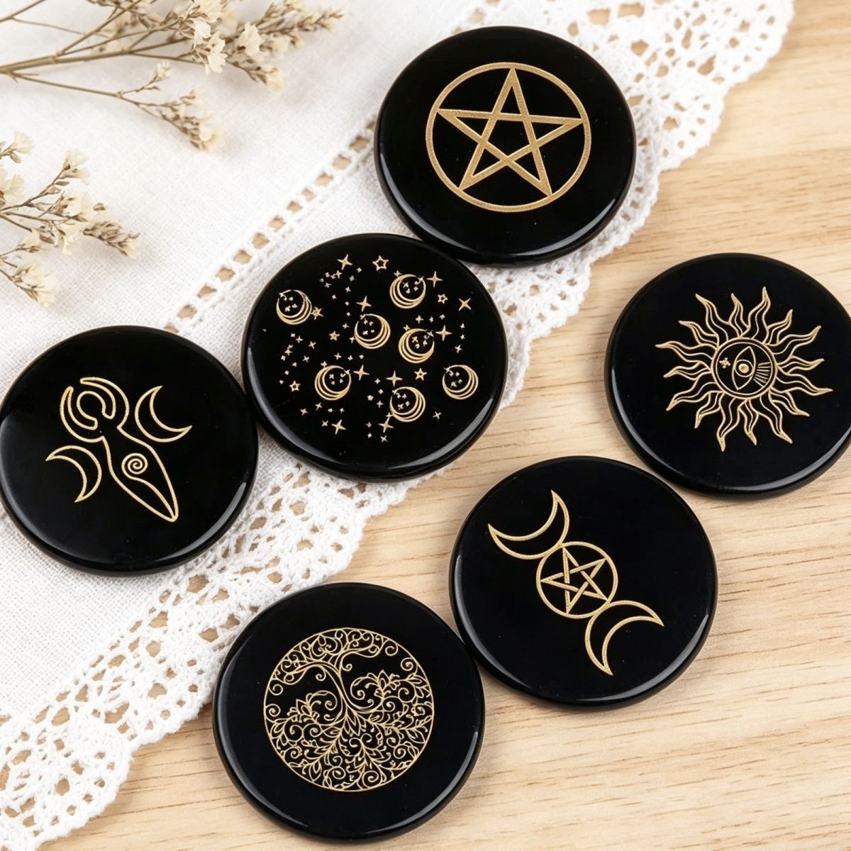 1771-Obsidiana 55mm gravura redonda e plana Árvore da Vida Estrela Lua Esteira de Pedra Enfeite de artesanato DIY