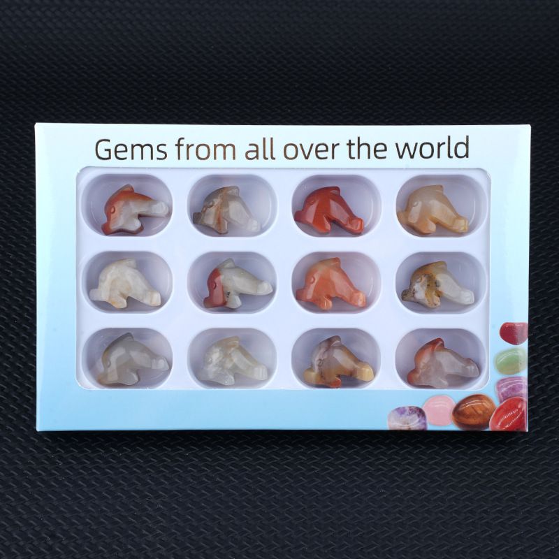 12 caixas de cor 1 polegada gravado cristal ágata jade golfinho animal ornamento conjunto de artesanato