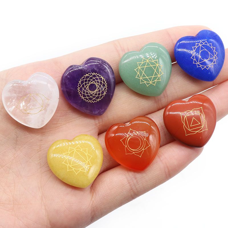 1182-Símbolo do amor colorido pedra de ágata de cristal natural, conjunto de 7 corações de pêssego em forma de coração