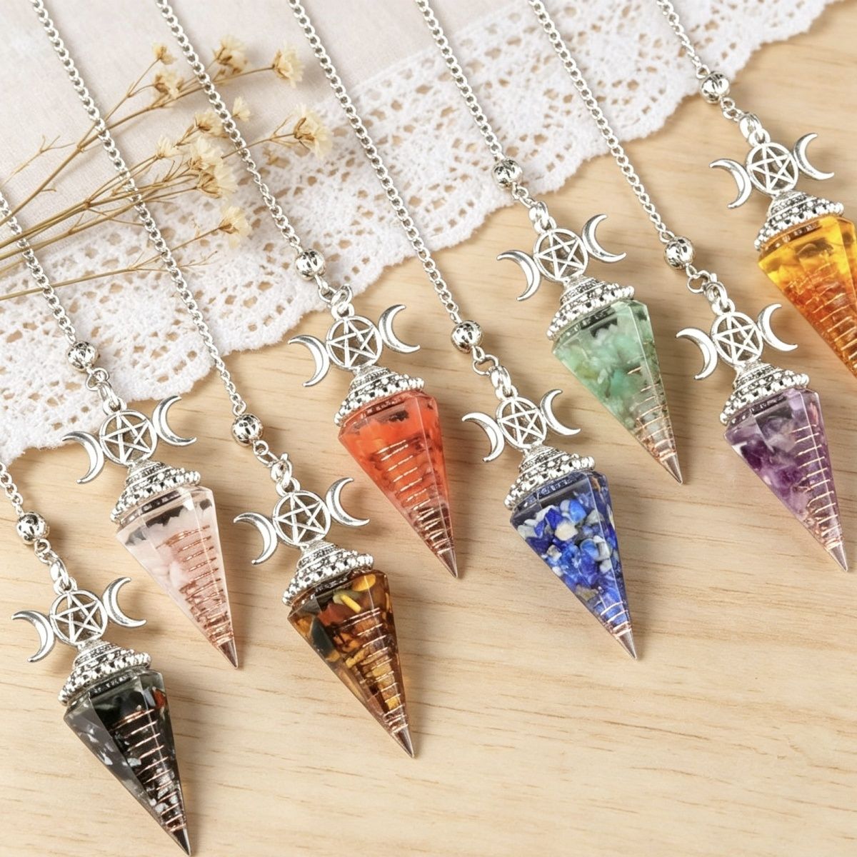 1690-Lua trifásica colorido cascalho resina cristal pedra preciosa hexagonal cone pêndulo, pingente de chakra