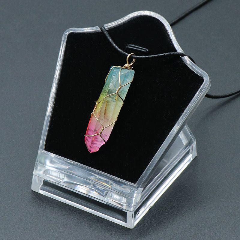 1535-Pingente de enrolamento de coluna de cristal de pedra áspera natural, coluna de cristal arco-íris galvanizado pingente colorido de cristal irregular
