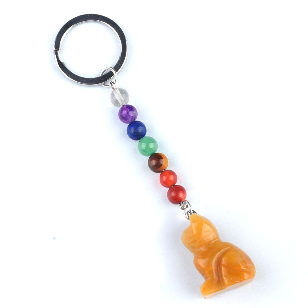 1956-Chaveiro de gatinho de pedra de cristal colorido, pingente de jóias de chakra, pingente de chaveiro de animal pequeno