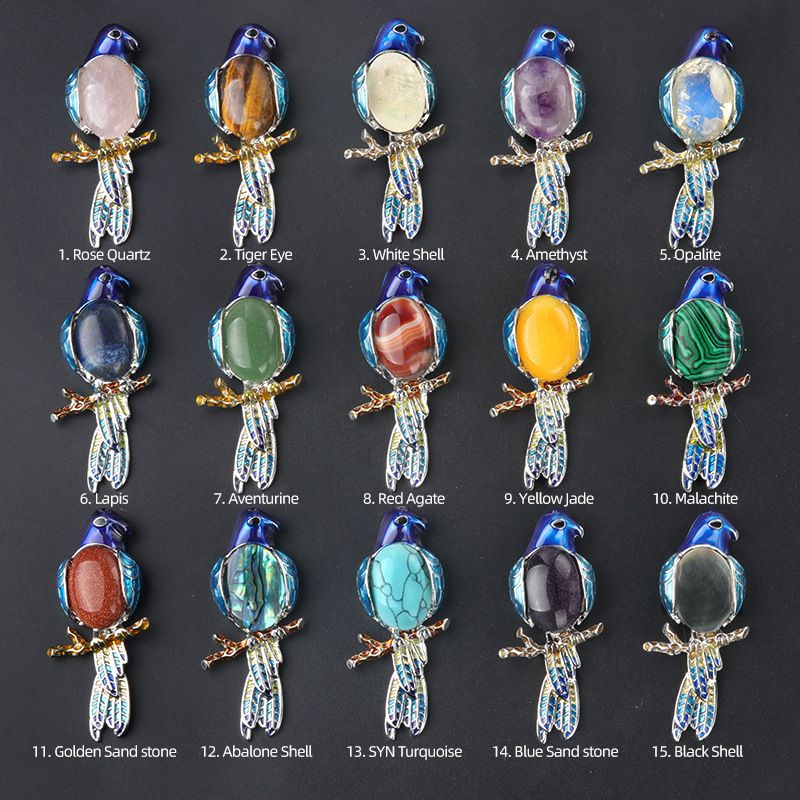 1682-Pingente de broche de papagaio Pingente de broche de gema incrustado com pino de pedra de ágata de cristal, colar