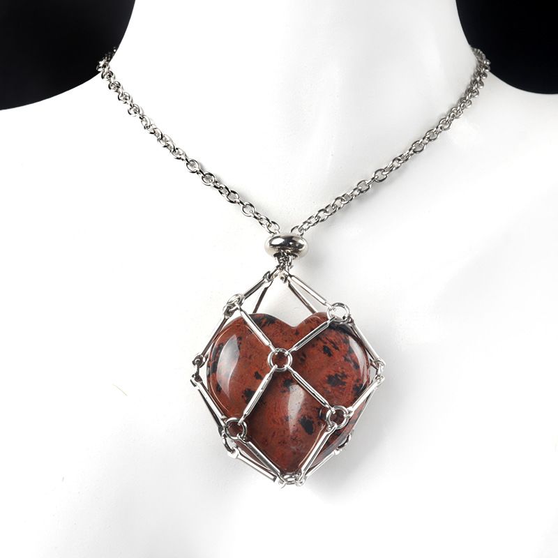1737-Corrente de aço inoxidável de pedra de amor de ágata de cristal natural, pingente de bolso de malha de coração de bambu de metal
