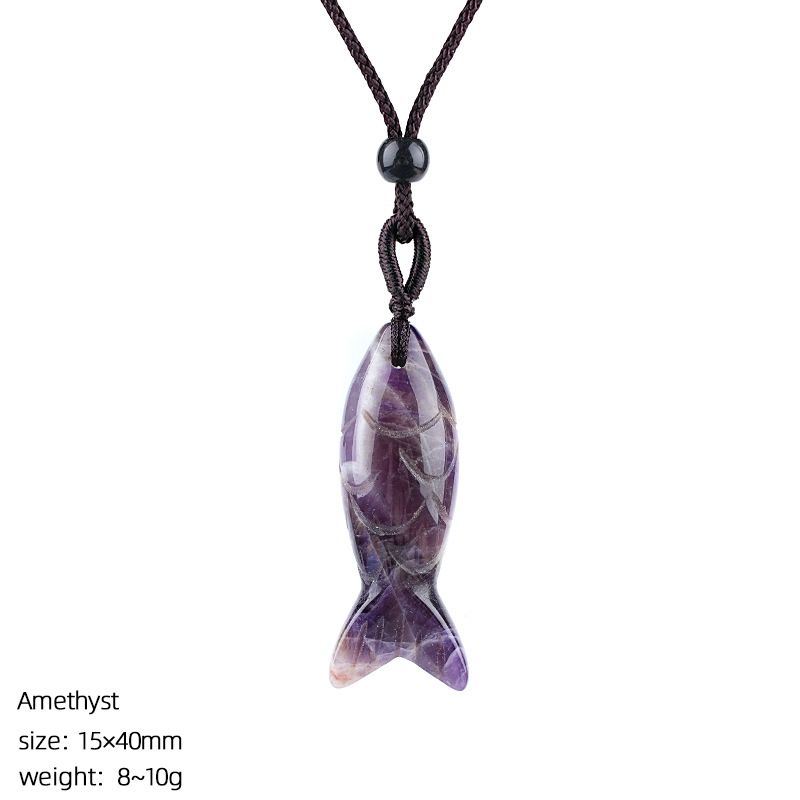 Colar de peixe pequeno de pedra semi-preciosa natural de 40Mm, colar de corda trançada ajustável, pingente de peixe pequeno de ágata tridimensional com gravura em pedra ágata.