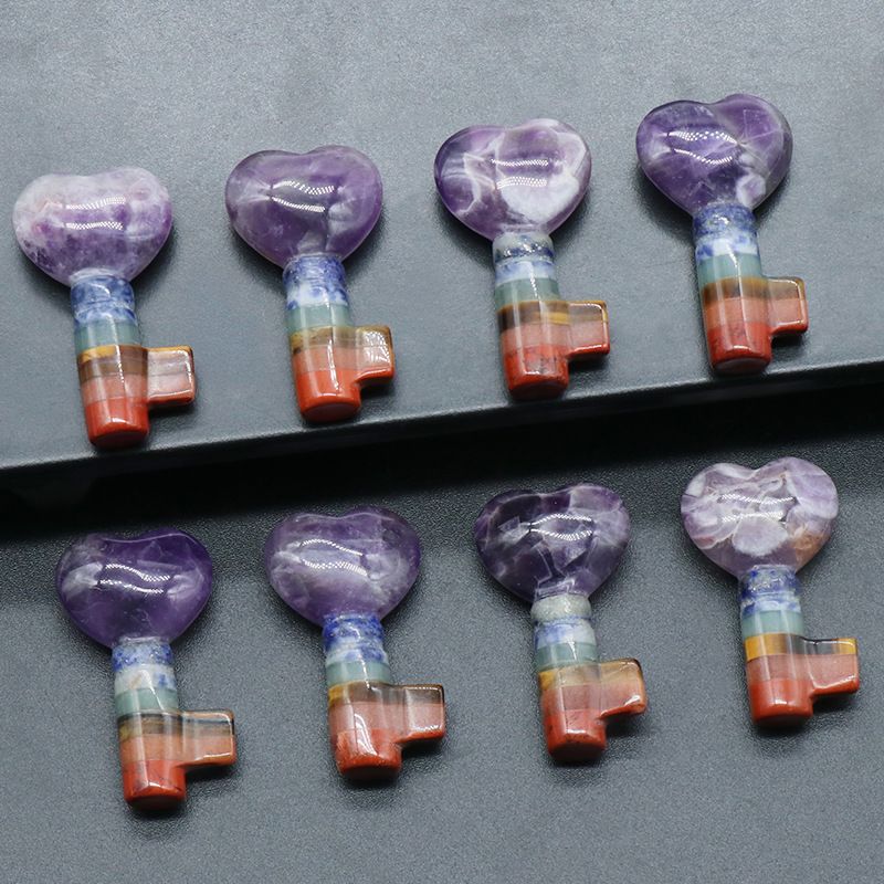 1499-Natural Crystal Colorful Stone Love Key Shape, Chakra Heart Lock Key