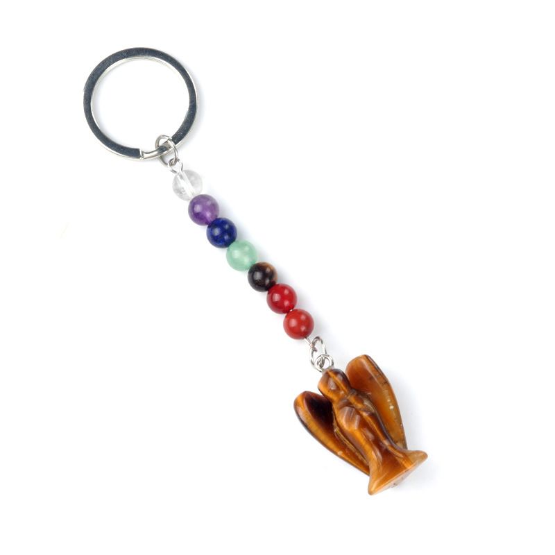 1715-Chaveiro de Anjo Chakra, Chaveiro de Anjo Gravado em Pedra Semi-Preciosa Natural, Pingente de Anjo da Guarda
