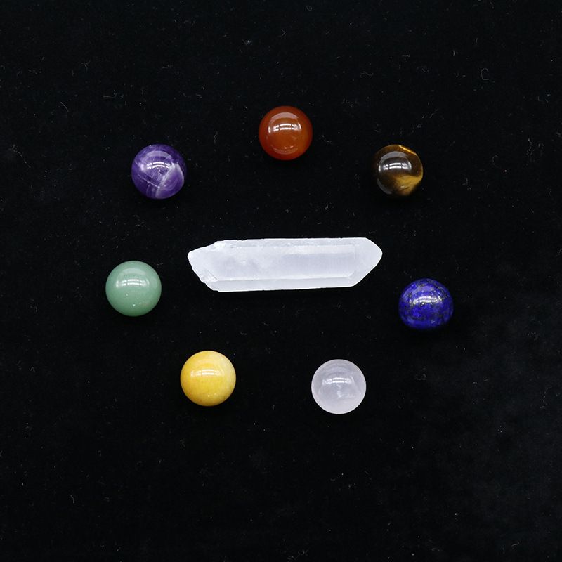 Conjunto de bolas de pedra colorida de chakra de ágata de cristal 893-16Mm, pedra áspera de cristal branco pilar de pedra de ioga.