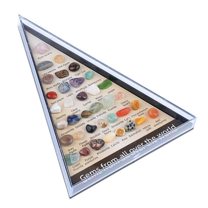 Pedra semipreciosa de cristal natural 36 tipos de espécimes de minério Ensino de ciências infantis ornamento de caixa padrão de minério triangular