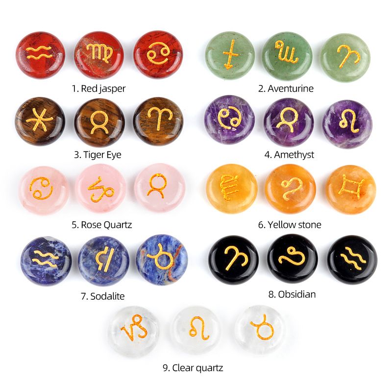 1987-Crystal Stone Doze Constellation Bag 12 Constellation Rune Reiki Stone Presente de Natal, Transfronteiriço