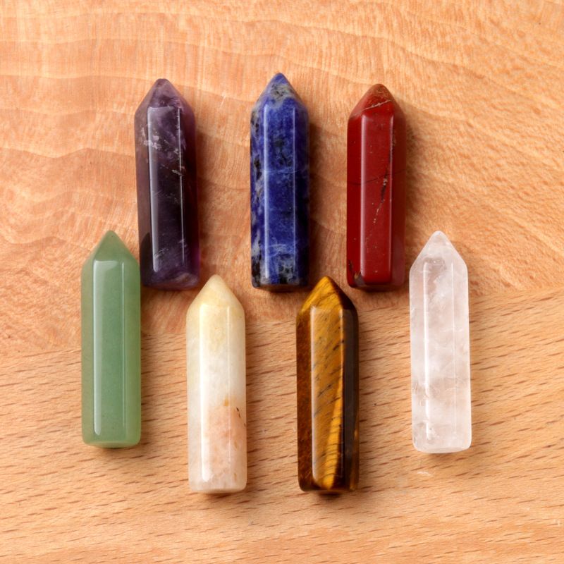 1629-Sete veios coluna hexagonal pontiaguda simples 7 pcs um pacote de pedra de cristal natural 32mm conjunto de coluna hexagonal de pedra colorida