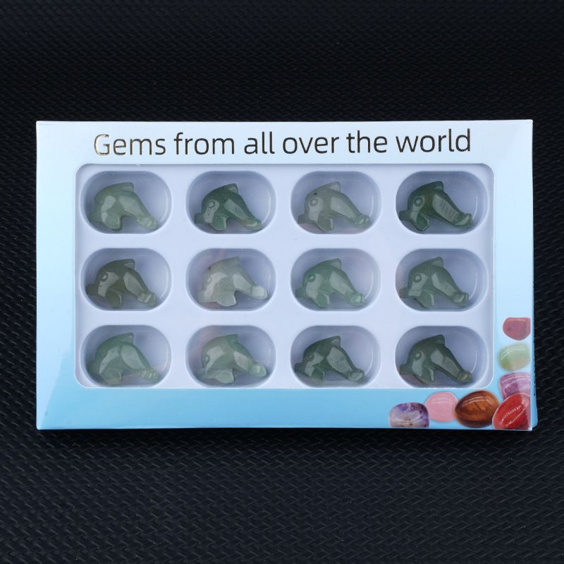 12 caixas de cor 1 polegada gravado cristal ágata jade golfinho animal ornamento conjunto de artesanato