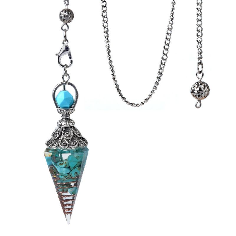 1924-Pêndulo de resina de cascalho colorido de cristal de prata antigo, pingente de cone hexagonal, transfronteiriço