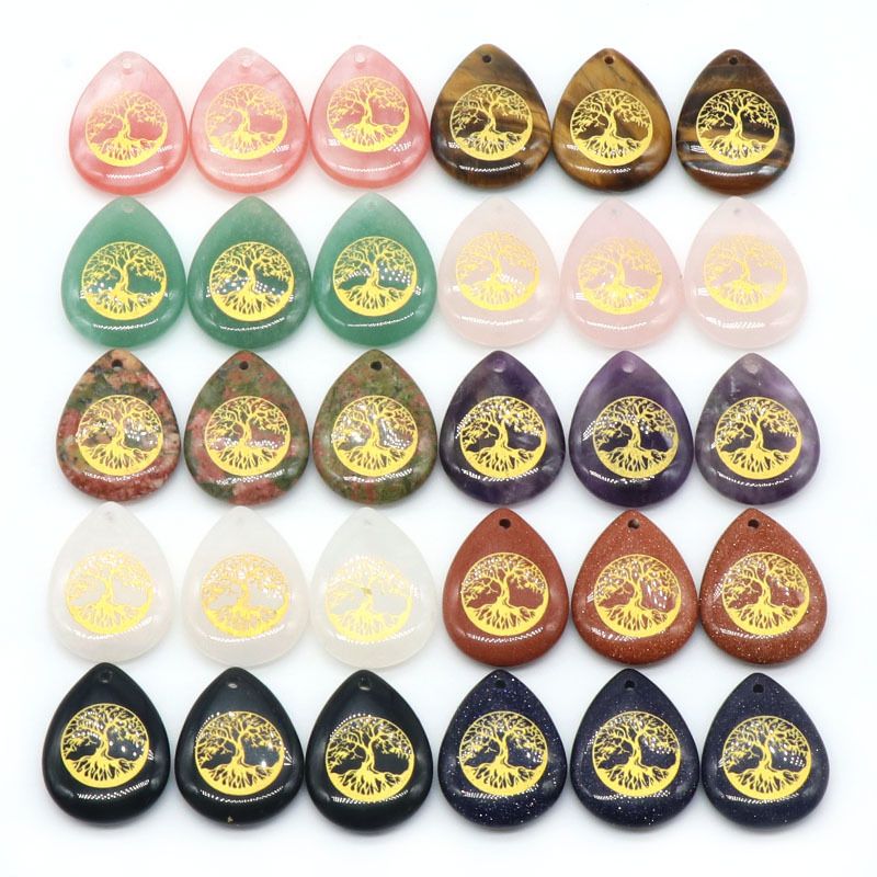 1140-Pedra de cristal natural esculpida gota d 'água árvore da vida pingente árvore criativa DIY jóias pingente de moda popular