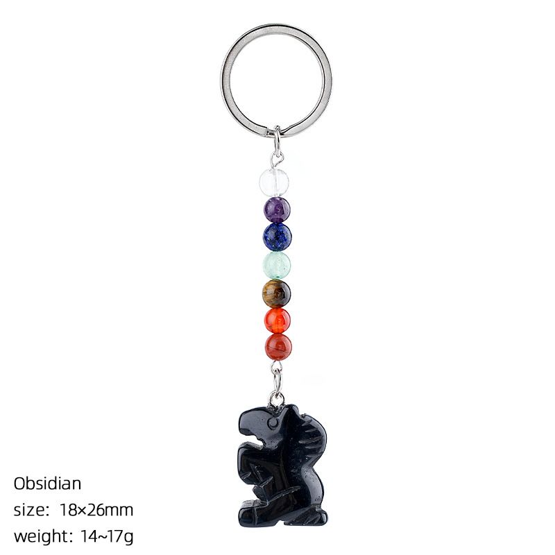Chaveiro de pônei de jade natural, acessórios de chakra de contas redondas coloridas, pingente de pônei de ágata de cristal gravado.