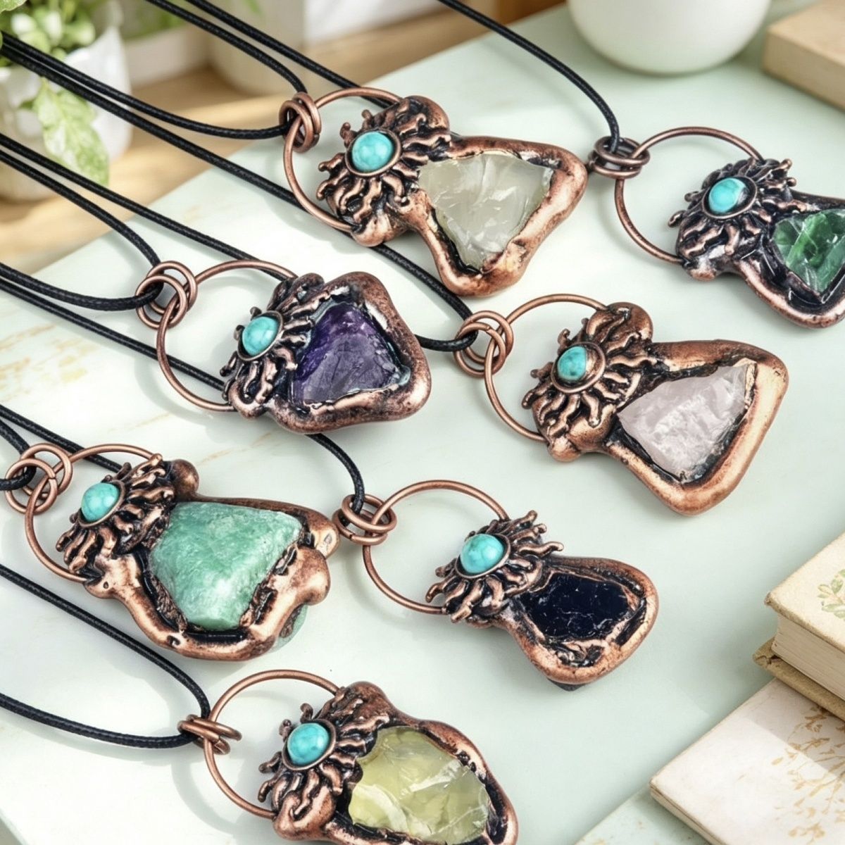 1913-Pingente de pedra áspera de cristal natural turquesa incrustada no sol, colar de bronze retrô de jade de cristal