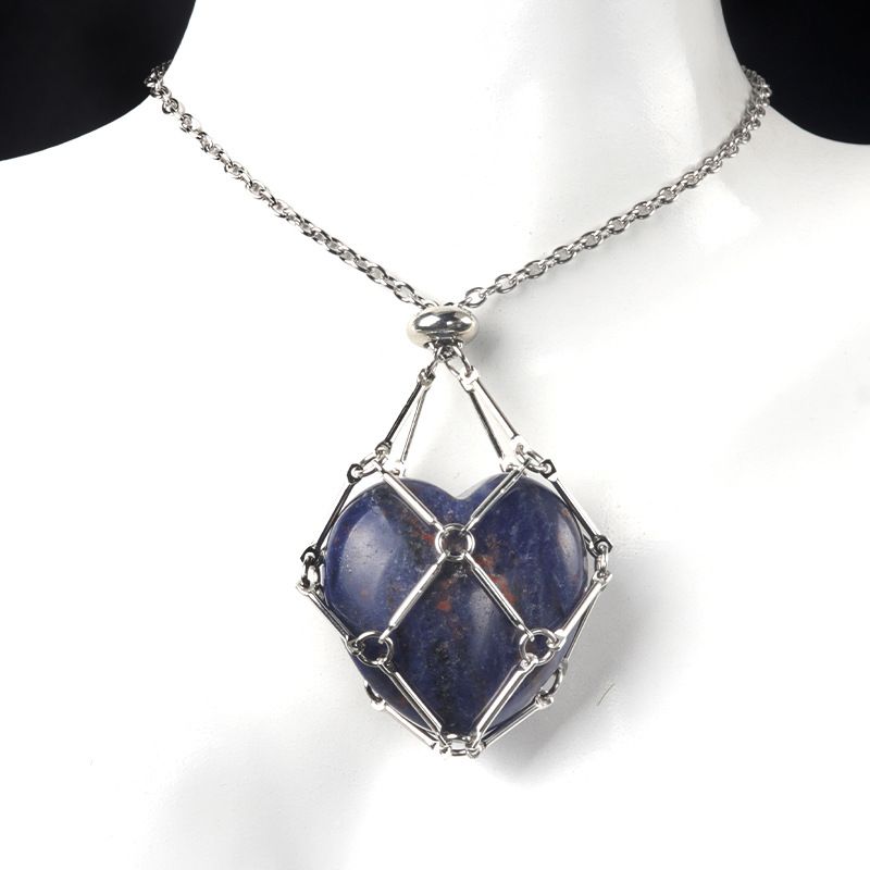 1737-Corrente de aço inoxidável de pedra de amor de ágata de cristal natural, pingente de bolso de malha de coração de bambu de metal