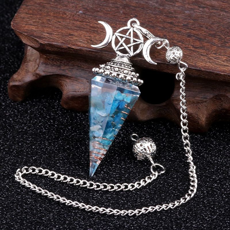 1690-Lua trifásica colorido cascalho resina cristal pedra preciosa hexagonal cone pêndulo, pingente de chakra
