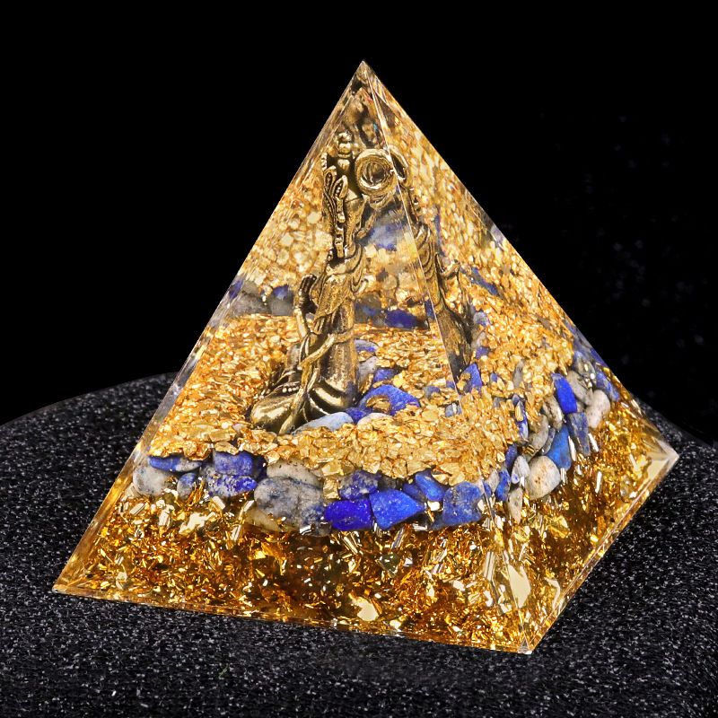 Nova pirâmide de 6cm torre de ouro azul ametista natural Elefante Deus série Ornamento de pirâmide epóxi