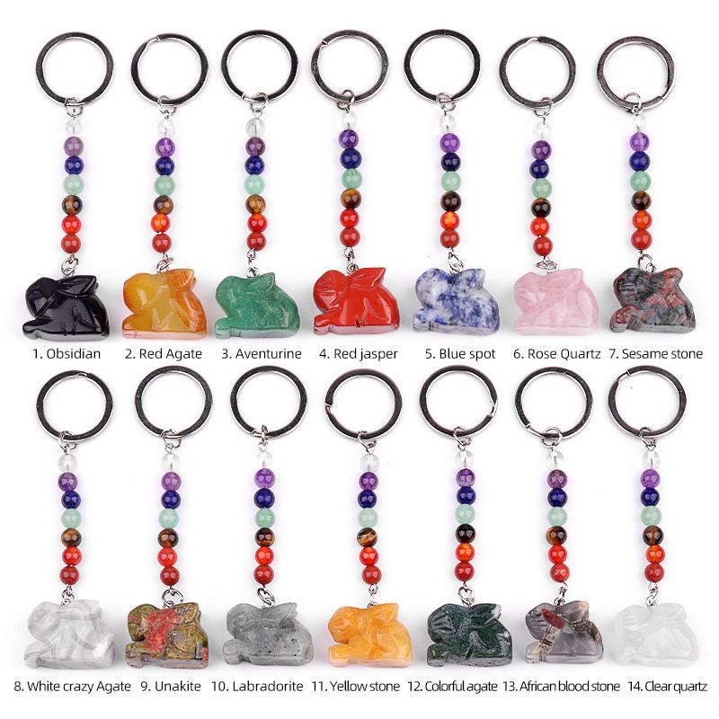 2011-Chaveiro de coelho de pedra de cristal colorido, pingente de jóias de chakra, pingente de chaveiro de animal pequeno.