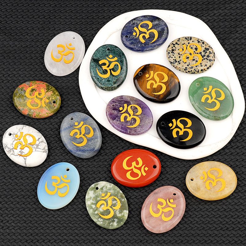2338-Letras de ágata de cristal natural OM símbolo palma pedra yoga runa DIY chaveiro pingente acessórios