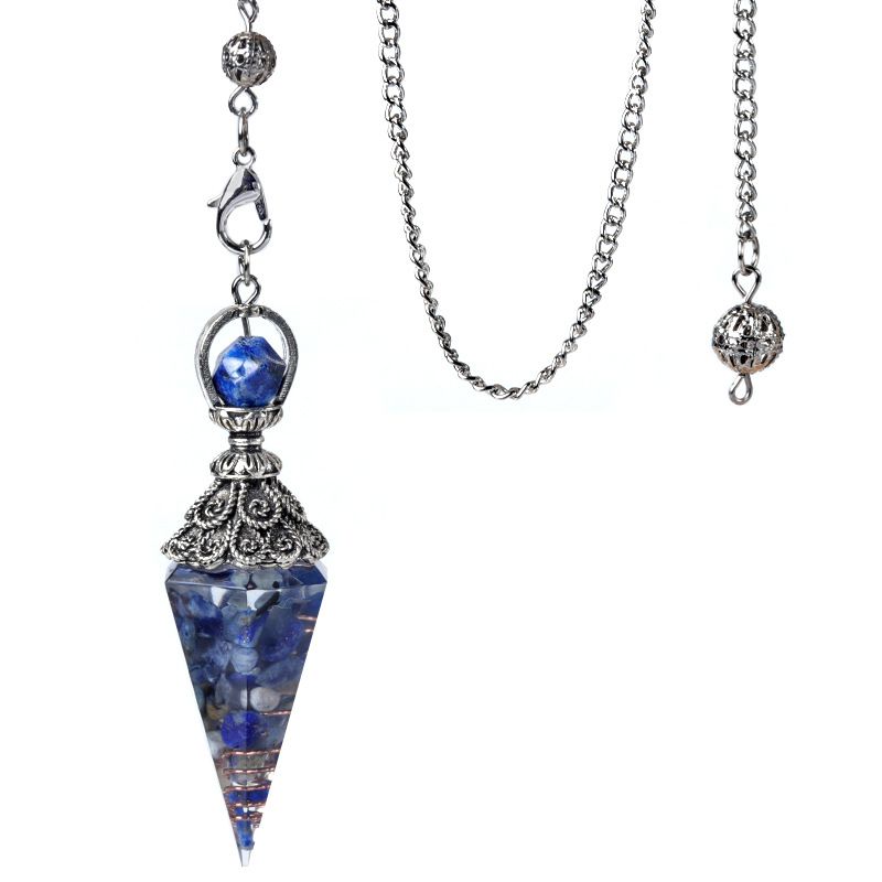 1924-Pêndulo de resina de cascalho colorido de cristal de prata antigo, pingente de cone hexagonal, transfronteiriço