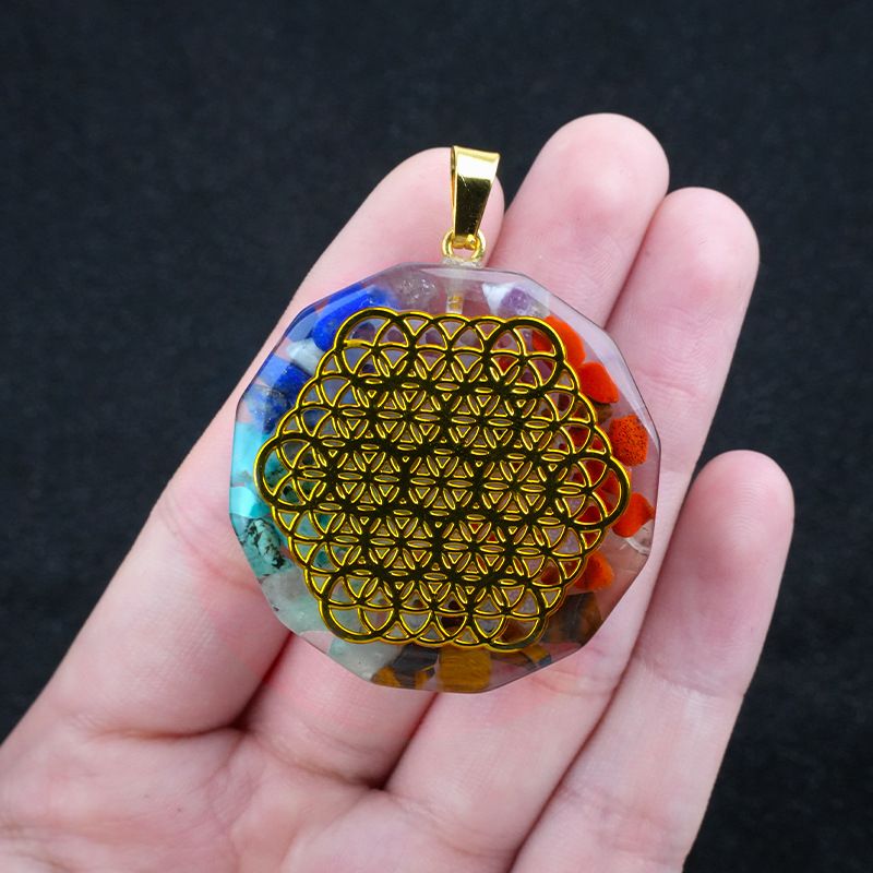 2324-Colar de pedra colorida hexagonal, pingente de pedra natural envolto em cola de resina