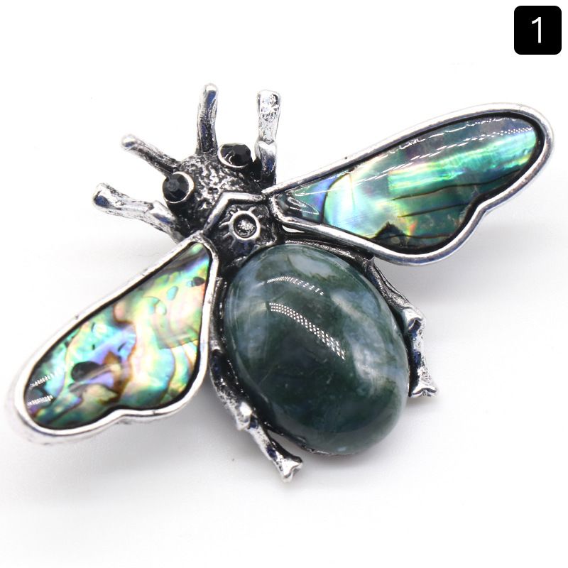 1209-Abelha semipreciosa de ágata de cristal, pingente de pedra preciosa de concha de abalone incrustada em liga, colar de broche
