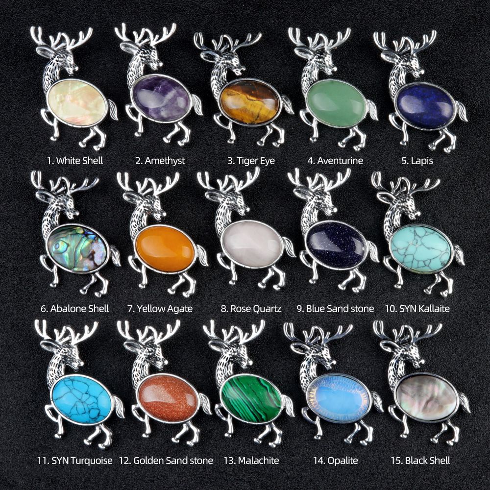 1934-Pingente de broche de alce de pedra semipreciosa incrustada em liga de cristal natural Alfinete de moda europeu e americano