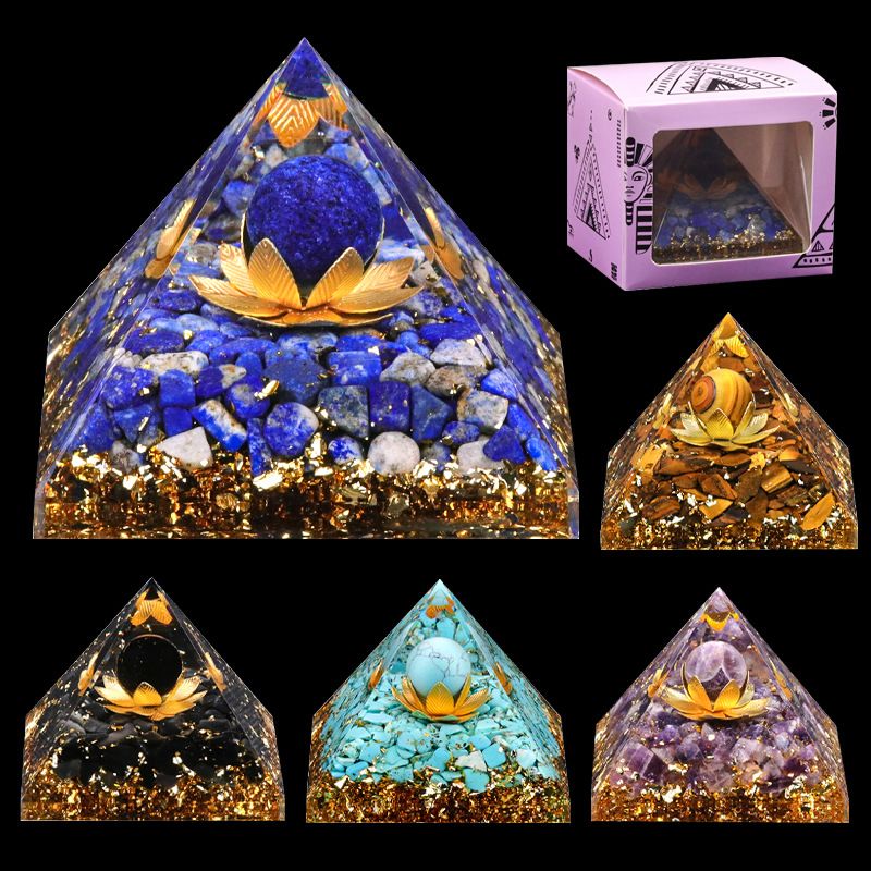 Nova pirâmide de 6,5 cm de resina de torre de cascalho de ouro azul Artesanato epóxi ornamento de mesa para casa