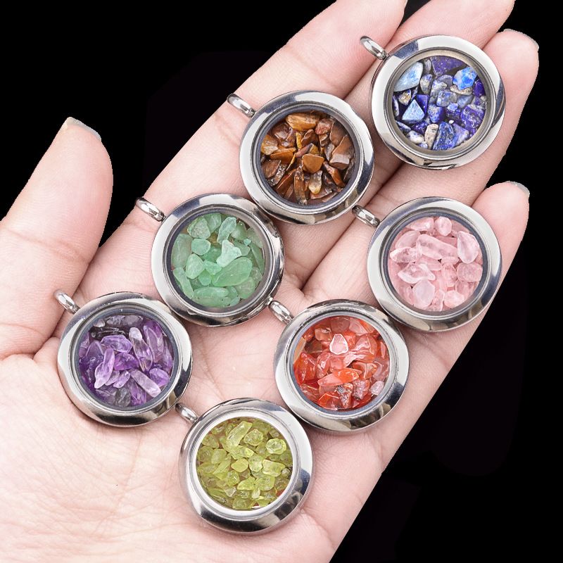 2123-Pedra de cristal natural pequena bola de cascalho de aço inoxidável Gawu caixa colar clavícula corrente pingente de jóias