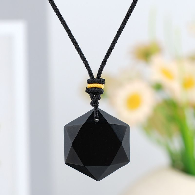 2370 Colar hexagrama de obsidiana, colar satélite grande recortado geométrico, ornamento pendente de pedra natural no atacado