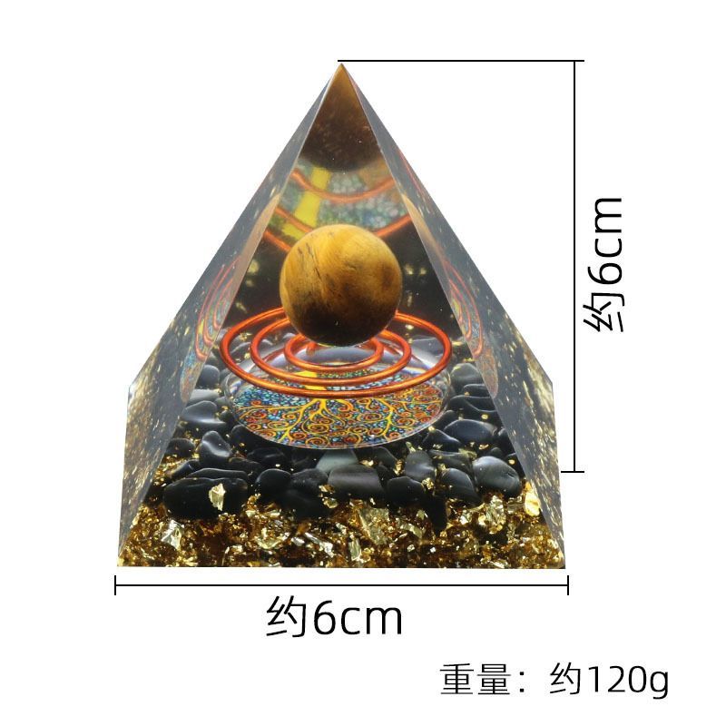 1322-6CM ornamento de pirâmide de bola de cristal natural, anel de pirâmide de folha de ouro envolto em resina