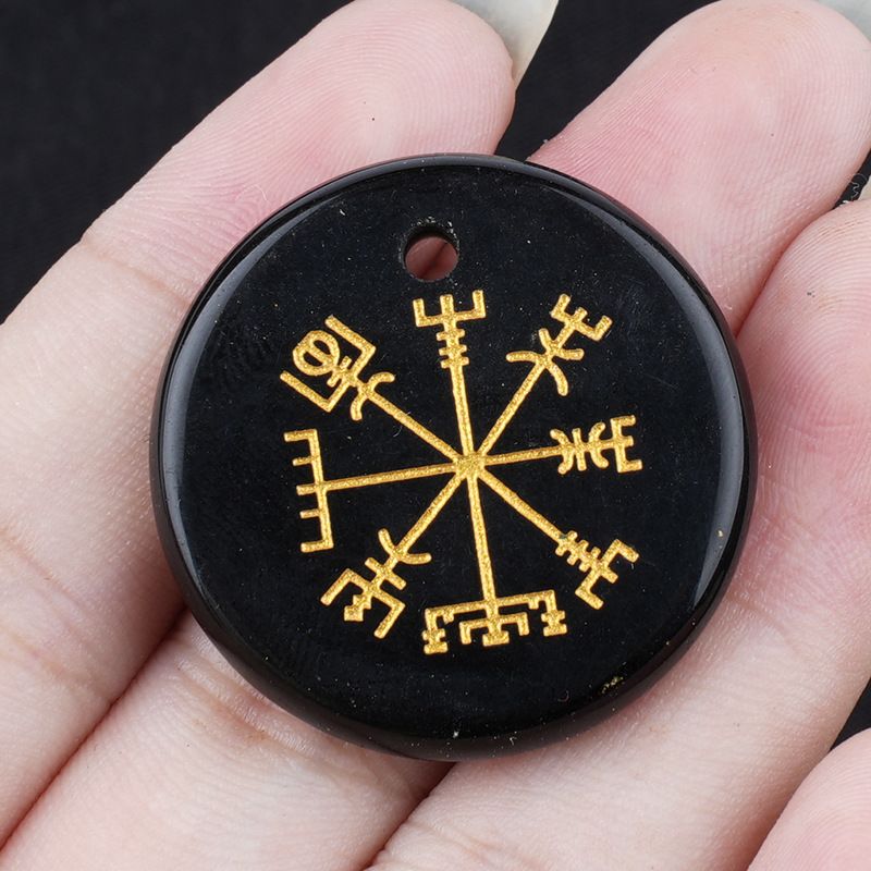 Olho de tigre de ametista natural 30mm símbolo Viking disco pingente marca de direção decoração para casa acessórios pingente