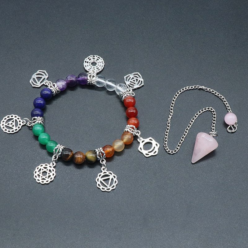 1128-Chakra Pulseira de Pedra preciosa de cristal colorido Pêndulo de cristal Conjunto de pingente de cone hexagonal, joias de ioga
