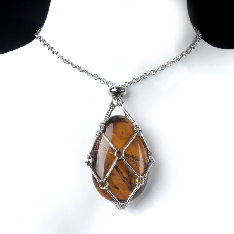 1720-Corrente de mão de aço inoxidável tecido malha colar de bolso de pedra de ágata cristal pingente de gota de água pode ser substituído por pedra bruta