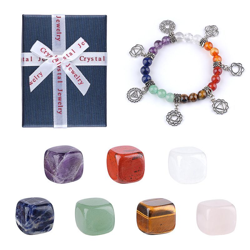 2409 Conjunto de combinação de ágata de pedra semipreciosa de cristal colorido, pedra rolante de ponta dupla, chakra de meditação de ioga de sete veias, caixa de presente correspondente.