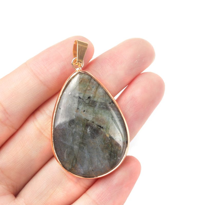 1664 - Pingente de bainha de cobre de gota de água de pedra alongada labradorita, colar de gota de água de pedra semipreciosa cinza luar