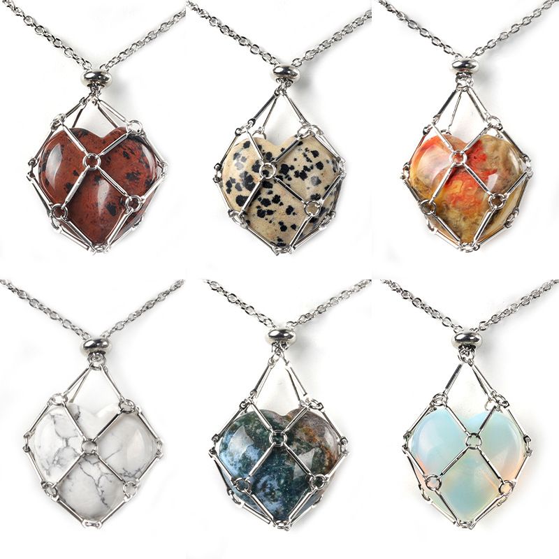 1737-Corrente de aço inoxidável de pedra de amor de ágata de cristal natural, pingente de bolso de malha de coração de bambu de metal