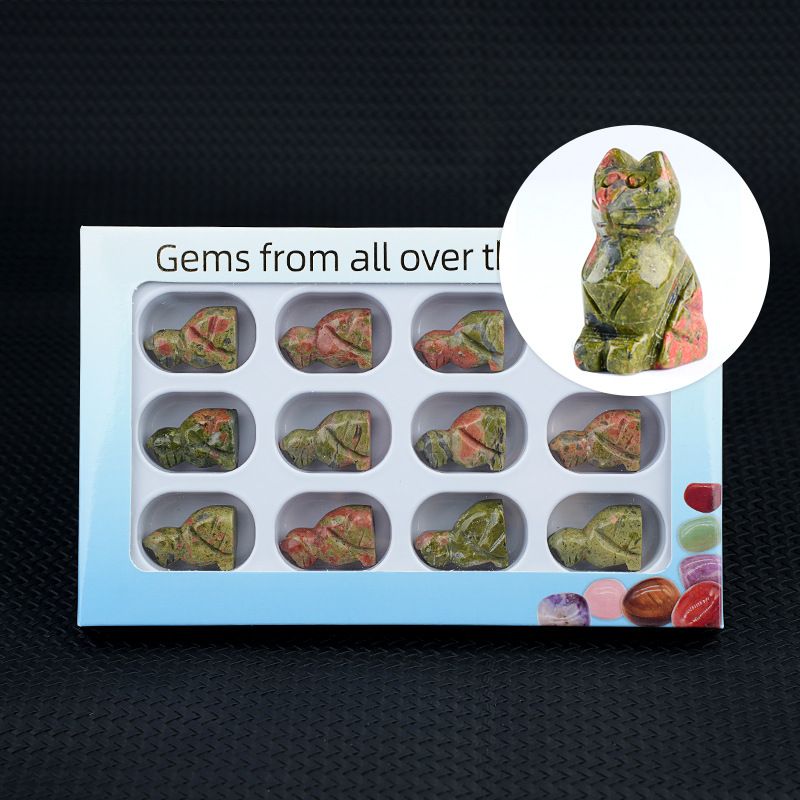 12 caixas de cor 1 polegada gravado cristal ágata jade gatinho ornamento animal conjunto de artesanato